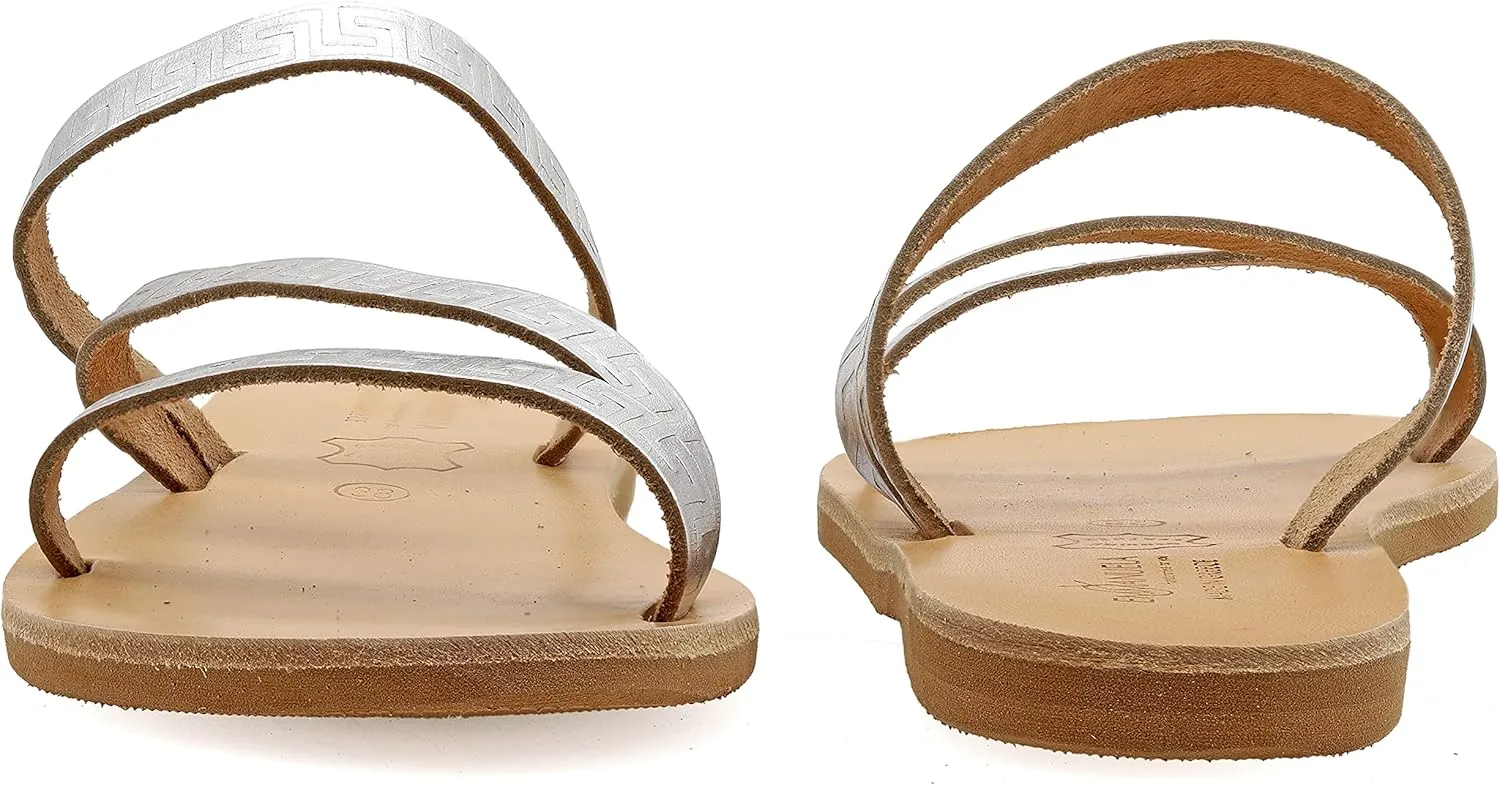 Emmanuela Ancient Greek Handmade Leather Flat Sandals with Meanders, Quality Slide on Strappy Summer Shoes for Women, Open Toe Sliders, Boho Chic Mules