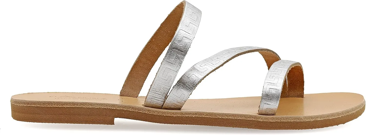 Emmanuela Ancient Greek Handmade Leather Flat Sandals with Meanders, Quality Slide on Strappy Summer Shoes for Women, Open Toe Sliders, Boho Chic Mules