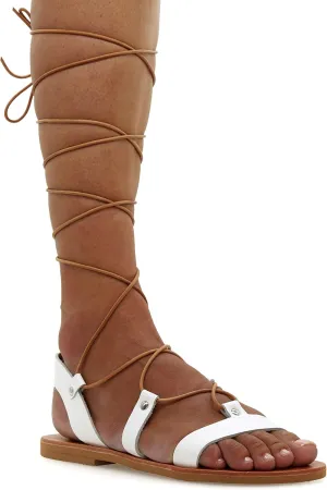 Emmanuela Ancient Greek Style Knee High Leather Sandals, Handmade Open Toe Flat Gladiator Sandals, Quality Tie up Strappy Summer Shoes for Women, Boho Chic Rose Gold Silver White Black