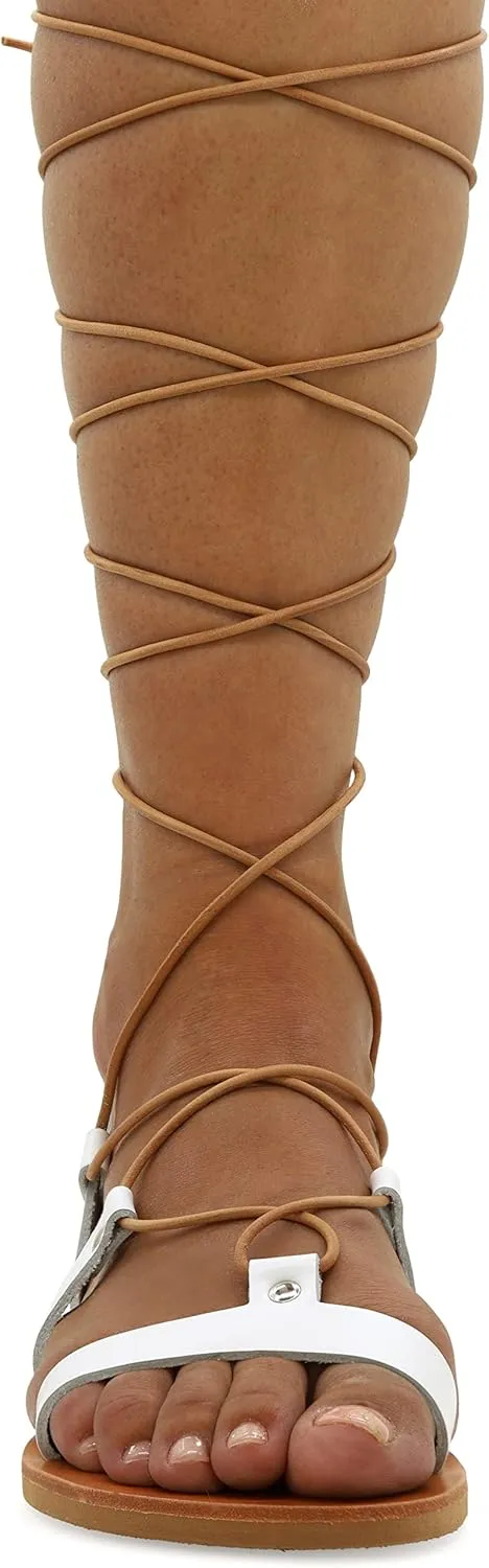 Emmanuela Ancient Greek Style Knee High Leather Sandals, Handmade Open Toe Flat Gladiator Sandals, Quality Tie up Strappy Summer Shoes for Women, Boho Chic Rose Gold Silver White Black