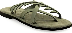 Emmanuela Comfortable Split Toe Leather Sandals with Olive Leaves, Cushioned Insole Flat Slide on Dressy Summer Shoes for Women, Greek Quality Slide on Leather Sandals