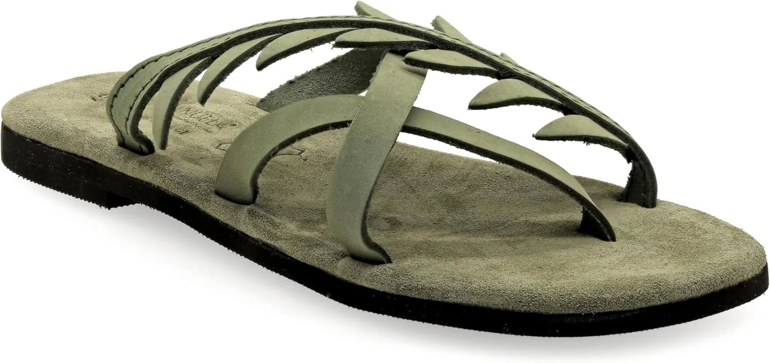 Emmanuela Comfortable Split Toe Leather Sandals with Olive Leaves, Cushioned Insole Flat Slide on Dressy Summer Shoes for Women, Greek Quality Slide on Leather Sandals