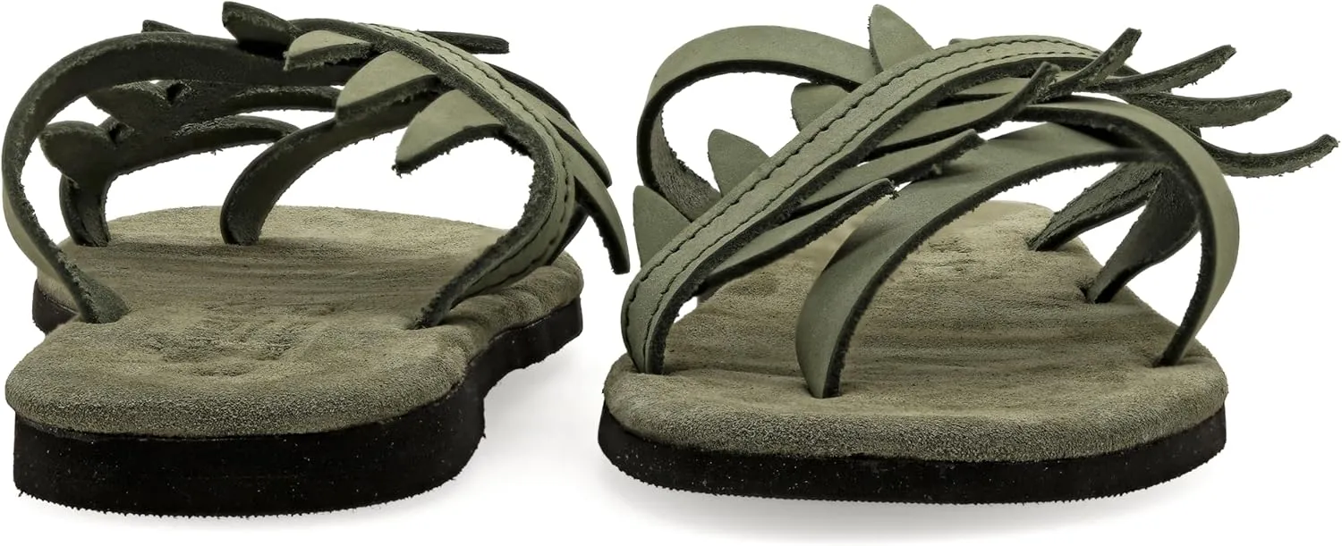 Emmanuela Comfortable Split Toe Leather Sandals with Olive Leaves, Cushioned Insole Flat Slide on Dressy Summer Shoes for Women, Greek Quality Slide on Leather Sandals