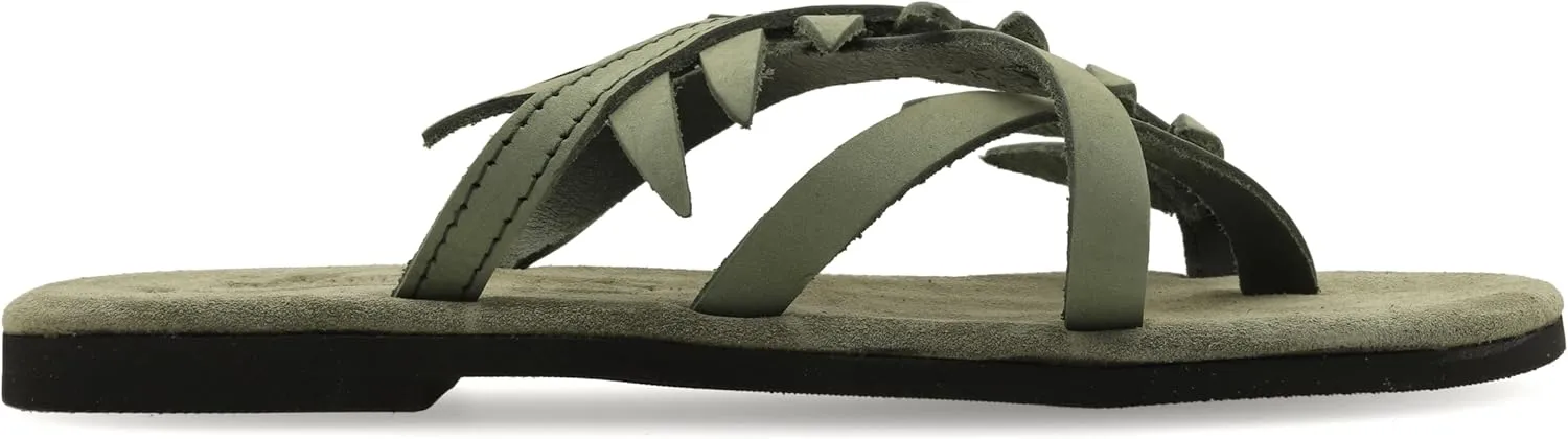 Emmanuela Comfortable Split Toe Leather Sandals with Olive Leaves, Cushioned Insole Flat Slide on Dressy Summer Shoes for Women, Greek Quality Slide on Leather Sandals
