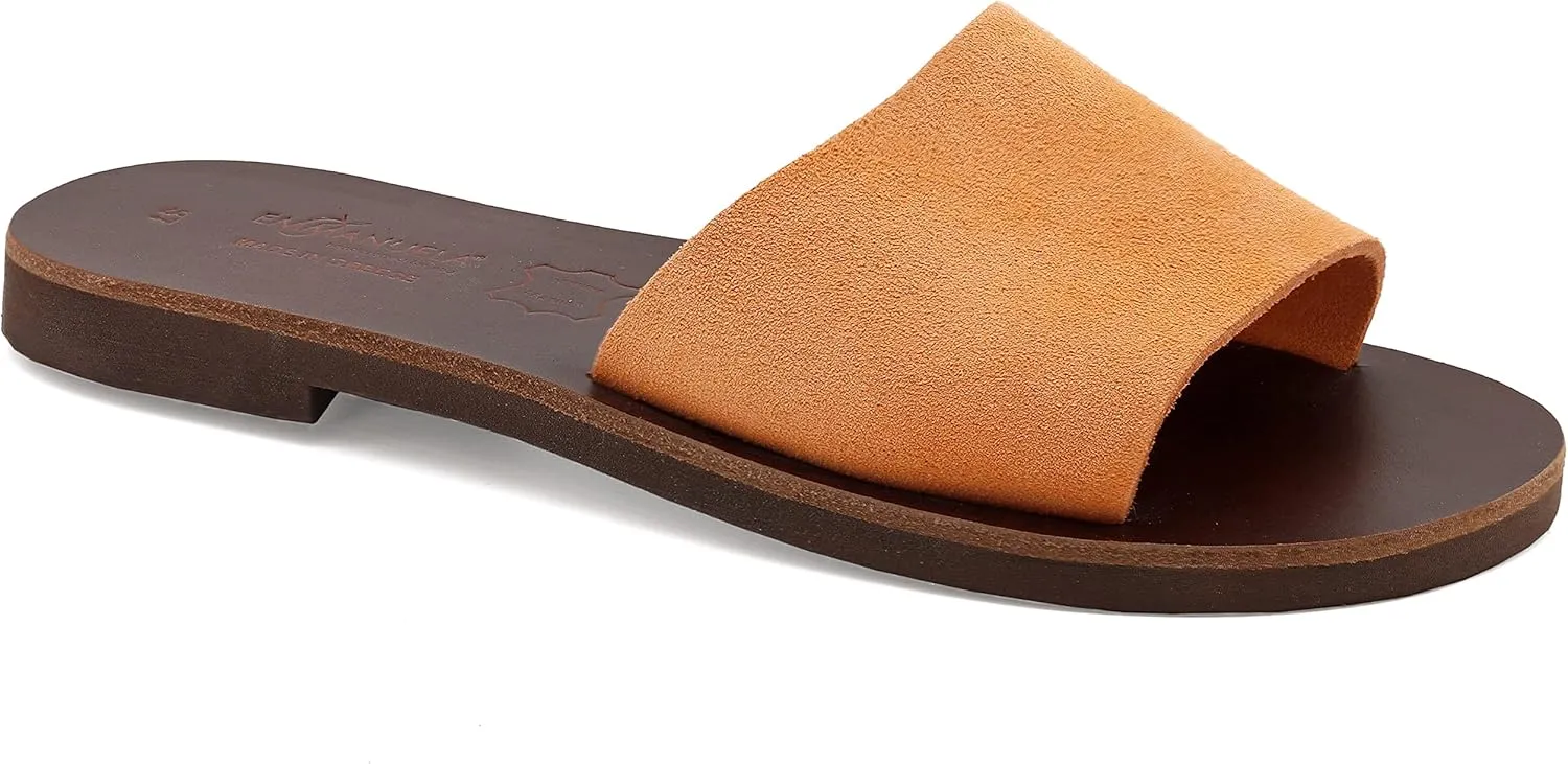 Emmanuela Greek Handmade Leather Flat Sandals, Quality Slide on Simple Sandals, Quality Slide on Summer Shoes for Women, Open Toe Sliders, Boho Chic Mules
