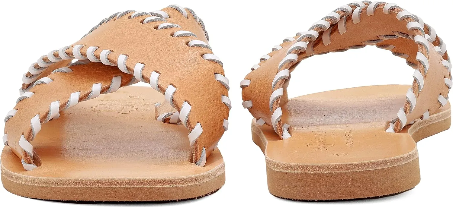 Emmanuela Greek Leather Embroided Flat Sandals, Quality Handmade Slide on X Strap Summer Shoes for Women, Open Toe Sliders, Boho Chic Strappy Mules