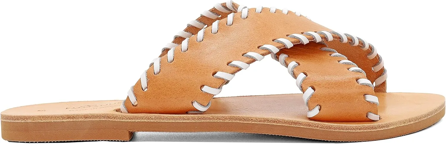 Emmanuela Greek Leather Embroided Flat Sandals, Quality Handmade Slide on X Strap Summer Shoes for Women, Open Toe Sliders, Boho Chic Strappy Mules