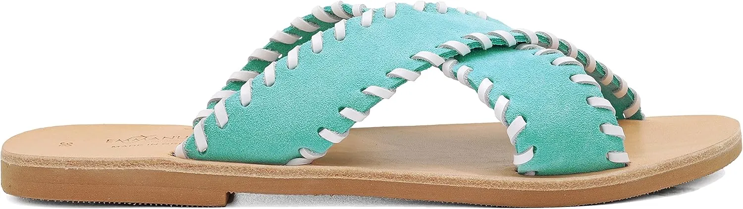 Emmanuela Greek Leather Embroided Flat Sandals, Quality Handmade Slide on X Strap Summer Shoes for Women, Open Toe Sliders, Boho Chic Strappy Mules