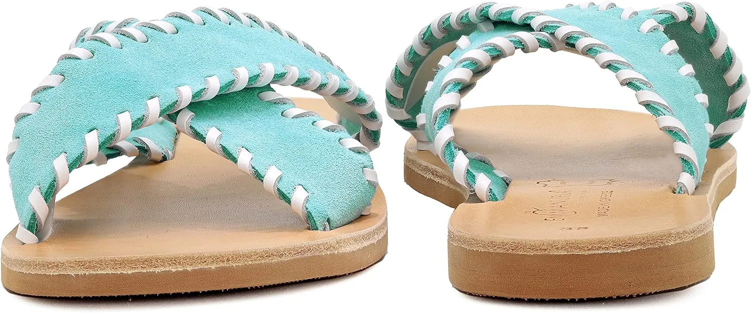 Emmanuela Greek Leather Embroided Flat Sandals, Quality Handmade Slide on X Strap Summer Shoes for Women, Open Toe Sliders, Boho Chic Strappy Mules