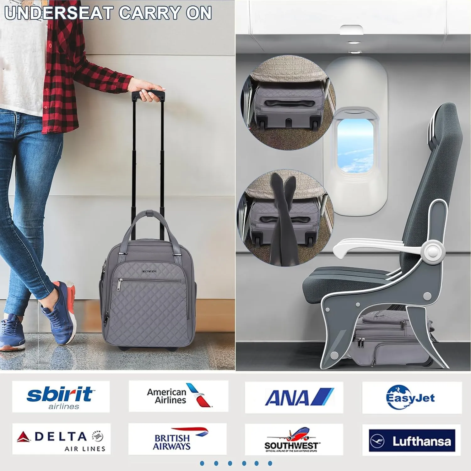 EMPSIGN Underseat Carry On Wheeled - 16" Carry on Bag with Wheels Multi-functional Lightweight Rolling Bag Overnight Weekender Small Suitcase for Women Men Travel Business, Dark Grey