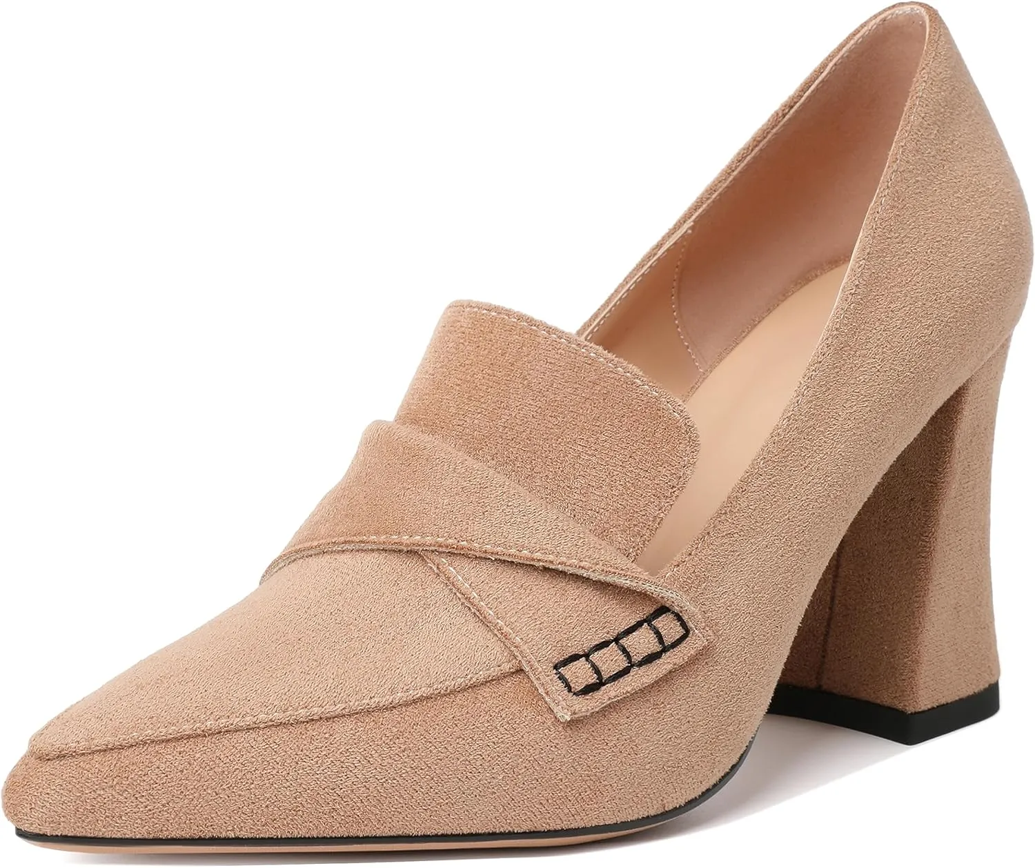 Esvowido Women's High Heel Loafers Block Chunky Heels Slip on Pumps Closed Pointed Toe Comfortable Dress Shoes for Work Office 3.5 Inch