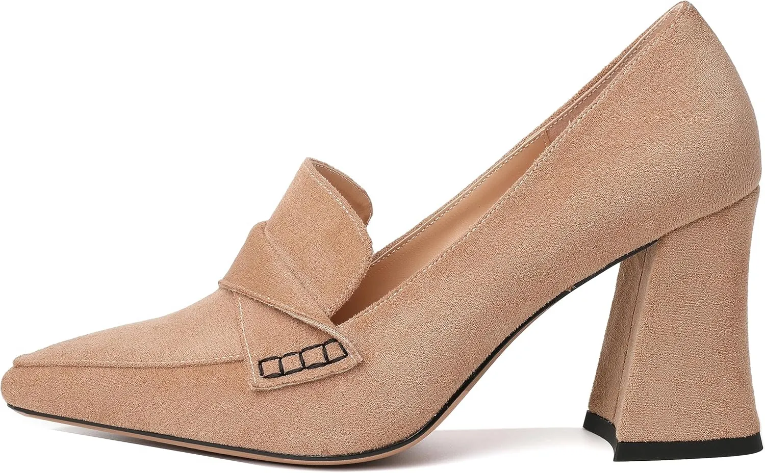 Esvowido Women's High Heel Loafers Block Chunky Heels Slip on Pumps Closed Pointed Toe Comfortable Dress Shoes for Work Office 3.5 Inch