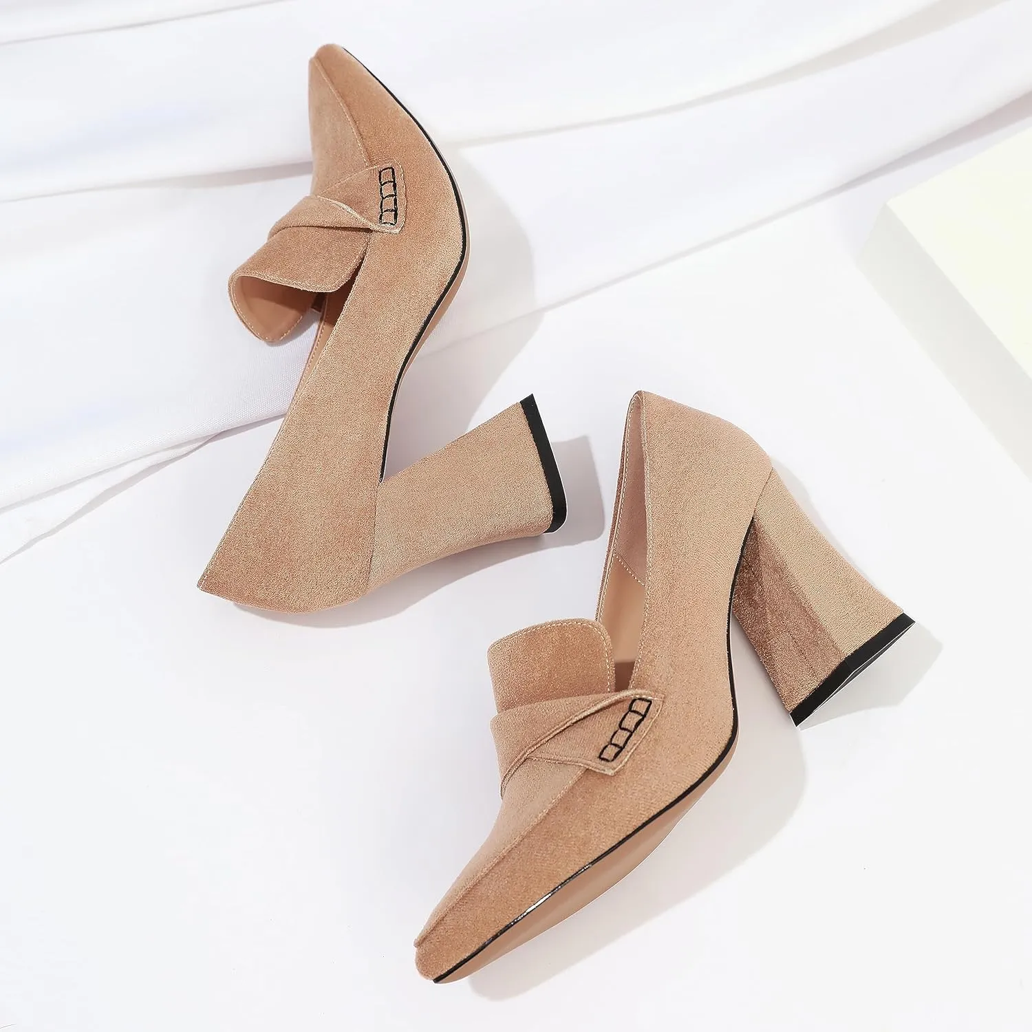 Esvowido Women's High Heel Loafers Block Chunky Heels Slip on Pumps Closed Pointed Toe Comfortable Dress Shoes for Work Office 3.5 Inch