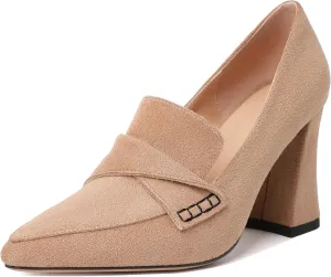 Esvowido Women's High Heel Loafers Block Chunky Heels Slip on Pumps Closed Pointed Toe Comfortable Dress Shoes for Work Office 3.5 Inch