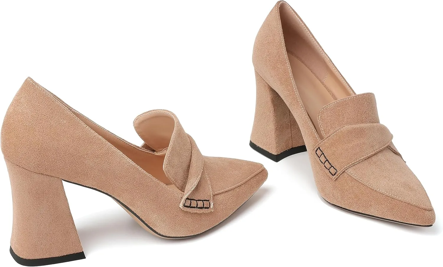 Esvowido Women's High Heel Loafers Block Chunky Heels Slip on Pumps Closed Pointed Toe Comfortable Dress Shoes for Work Office 3.5 Inch