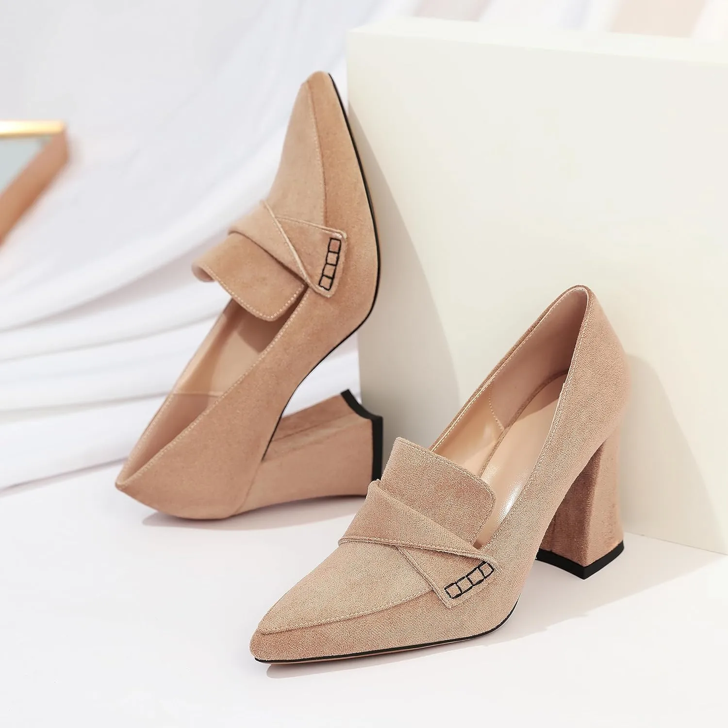 Esvowido Women's High Heel Loafers Block Chunky Heels Slip on Pumps Closed Pointed Toe Comfortable Dress Shoes for Work Office 3.5 Inch