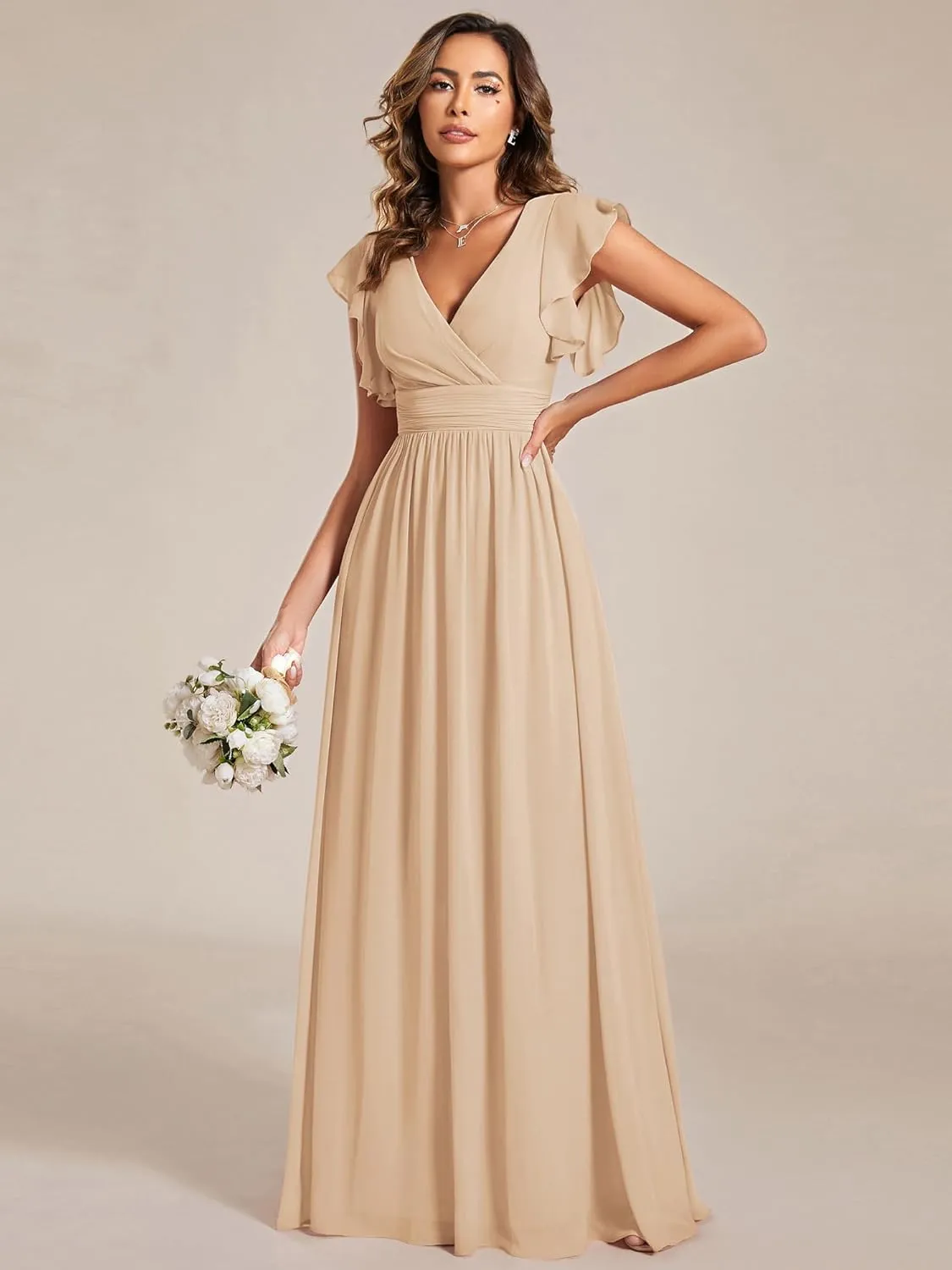 Ever-Pretty Women's Flowy Chiffon A Line Ruffles Sleeves Back Cutout Bridesmaid Dresses 01819