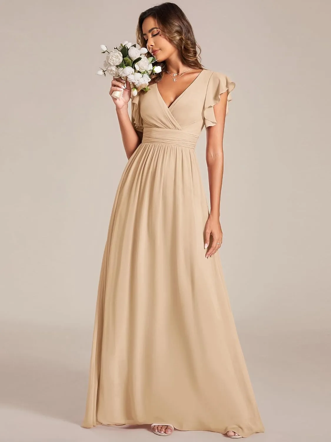 Ever-Pretty Women's Flowy Chiffon A Line Ruffles Sleeves Back Cutout Bridesmaid Dresses 01819