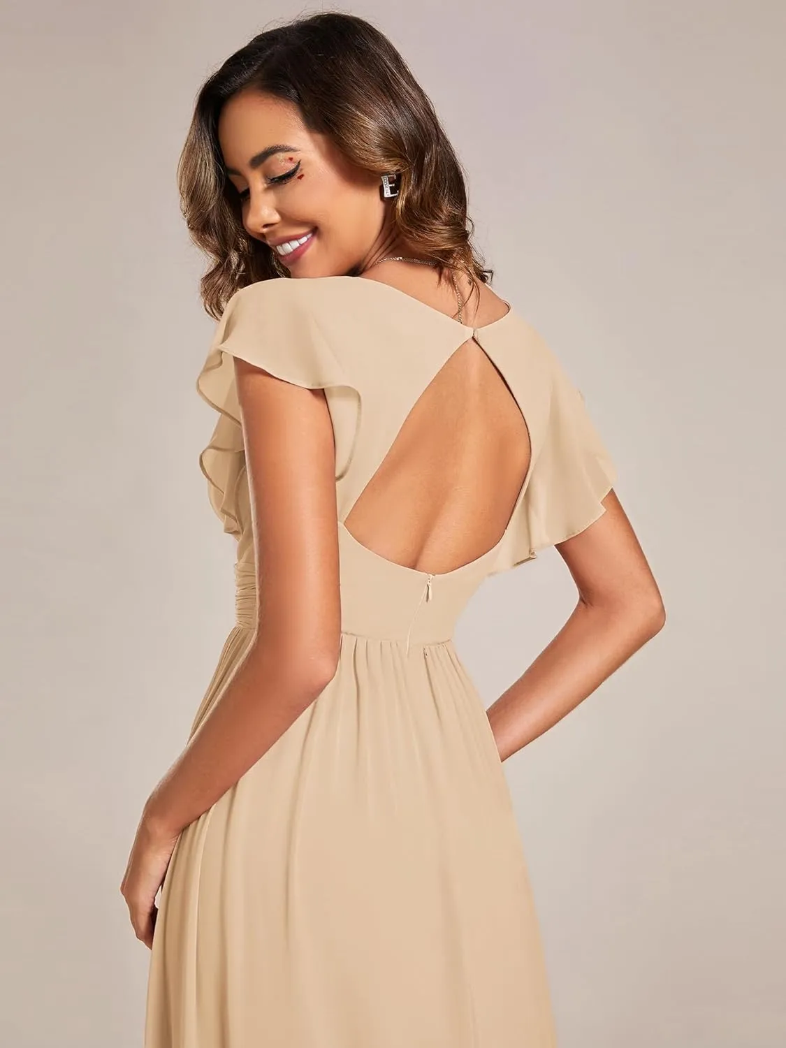 Ever-Pretty Women's Flowy Chiffon A Line Ruffles Sleeves Back Cutout Bridesmaid Dresses 01819