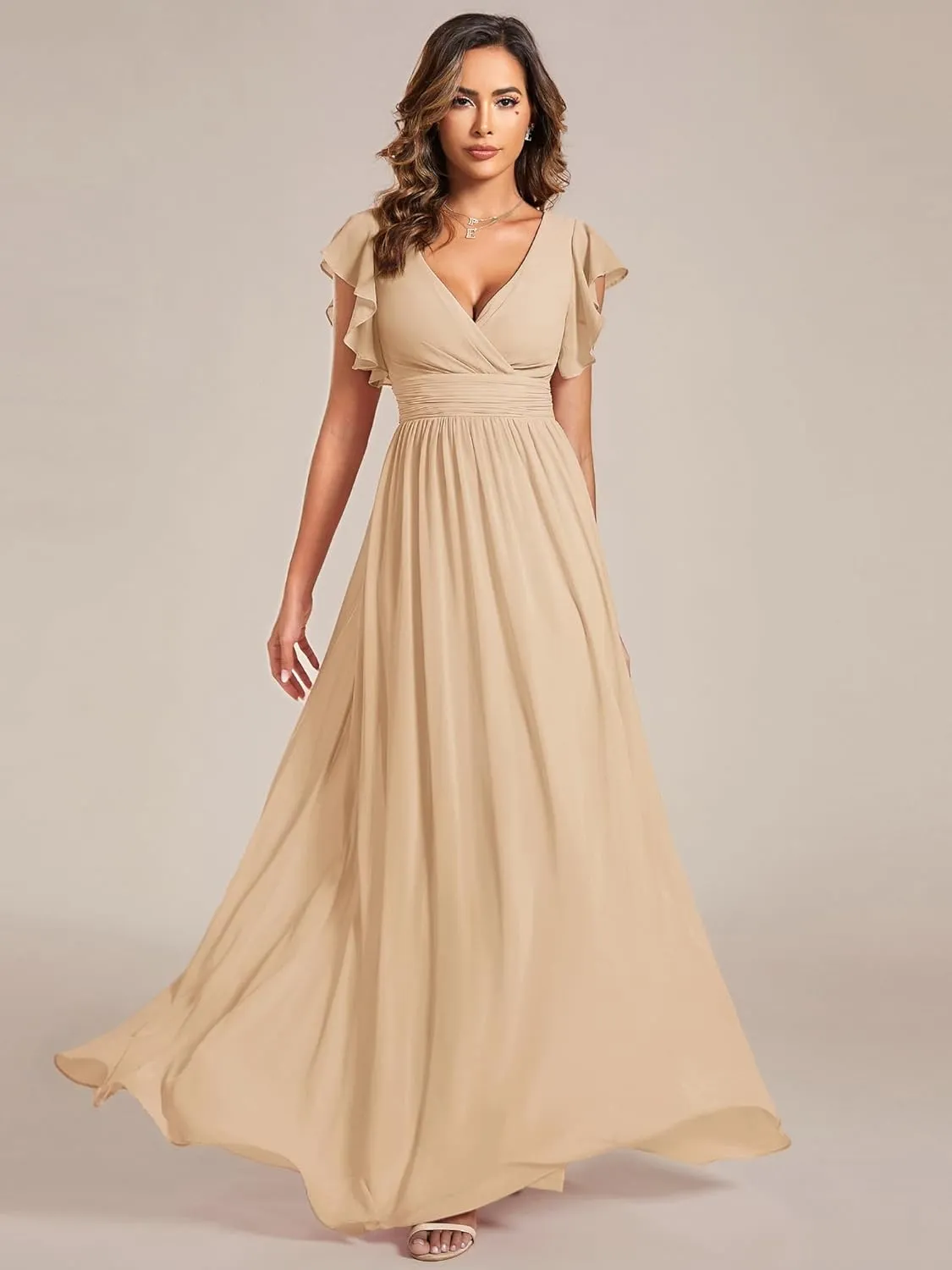 Ever-Pretty Women's Flowy Chiffon A Line Ruffles Sleeves Back Cutout Bridesmaid Dresses 01819