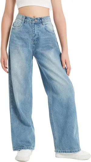 EXARUS Girls Jeans Wide Leg Cute Baggy Teen Denim Pants Mid Rise Elastic Band with Pockets Casual