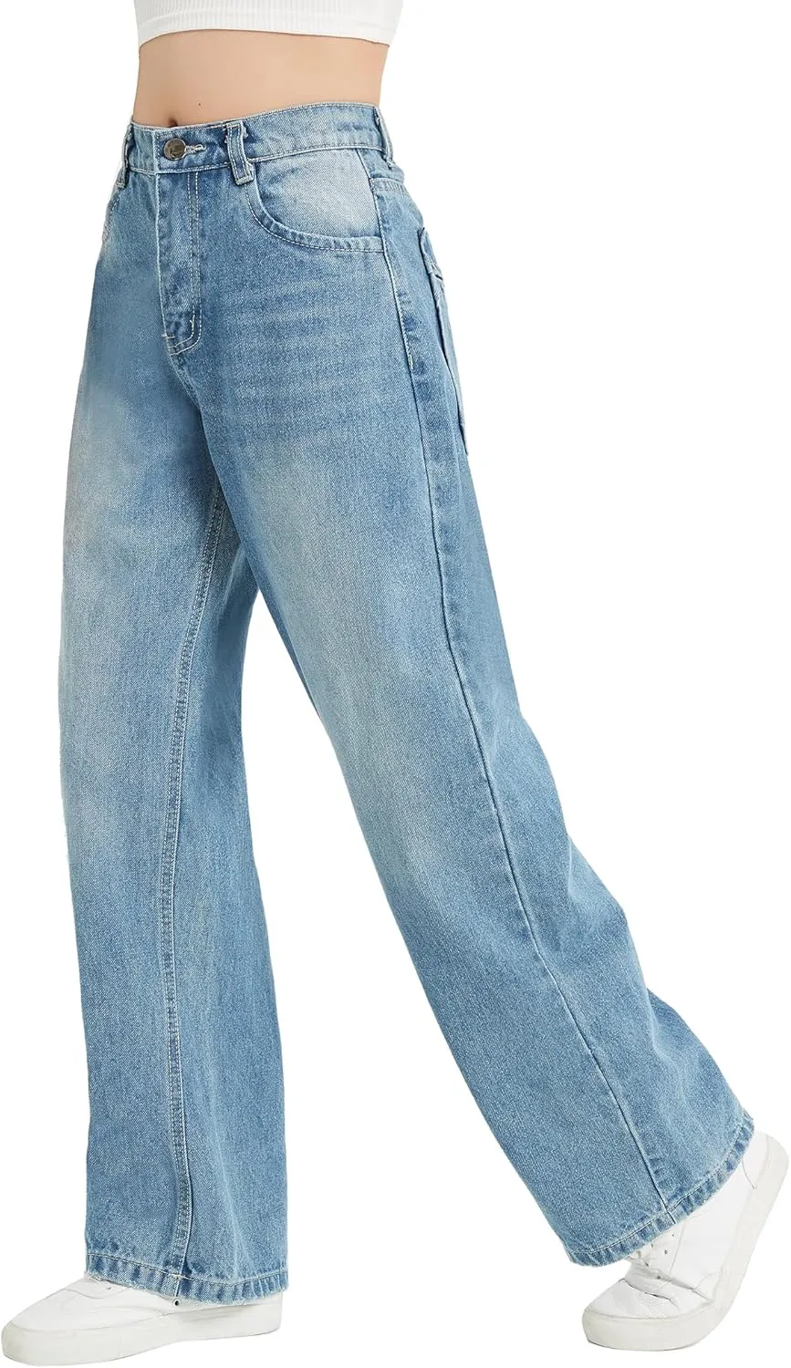 EXARUS Girls Jeans Wide Leg Cute Baggy Teen Denim Pants Mid Rise Elastic Band with Pockets Casual