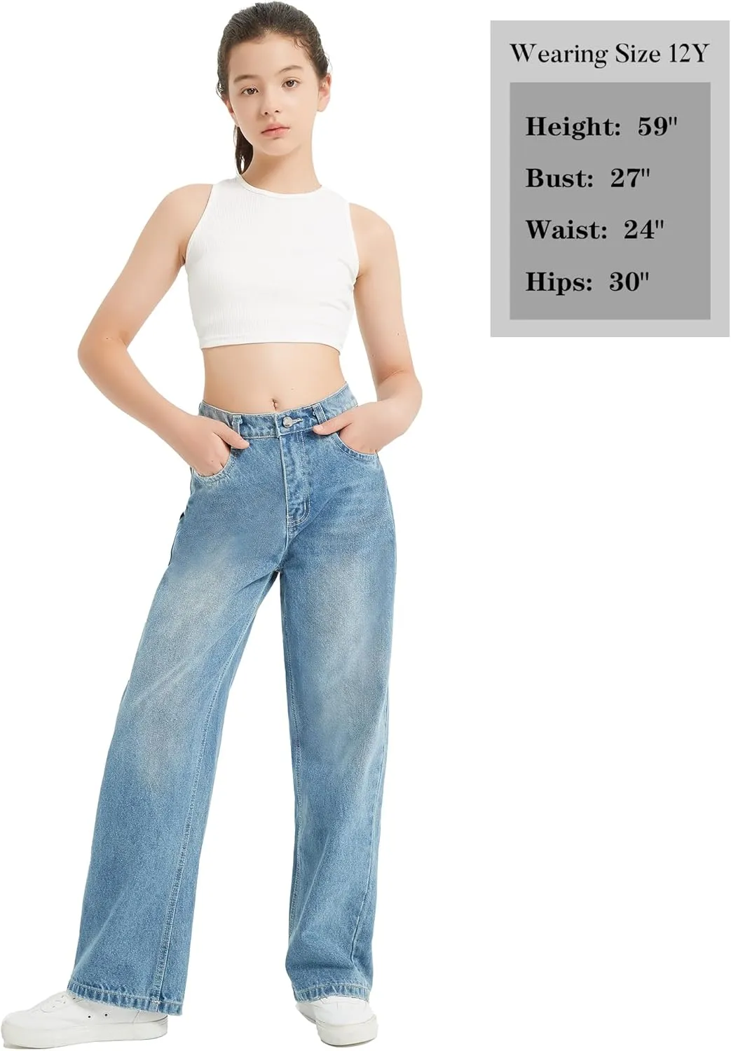 EXARUS Girls Jeans Wide Leg Cute Baggy Teen Denim Pants Mid Rise Elastic Band with Pockets Casual