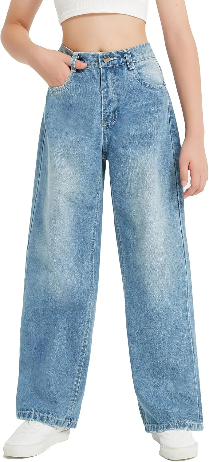 EXARUS Girls Jeans Wide Leg Cute Baggy Teen Denim Pants Mid Rise Elastic Band with Pockets Casual