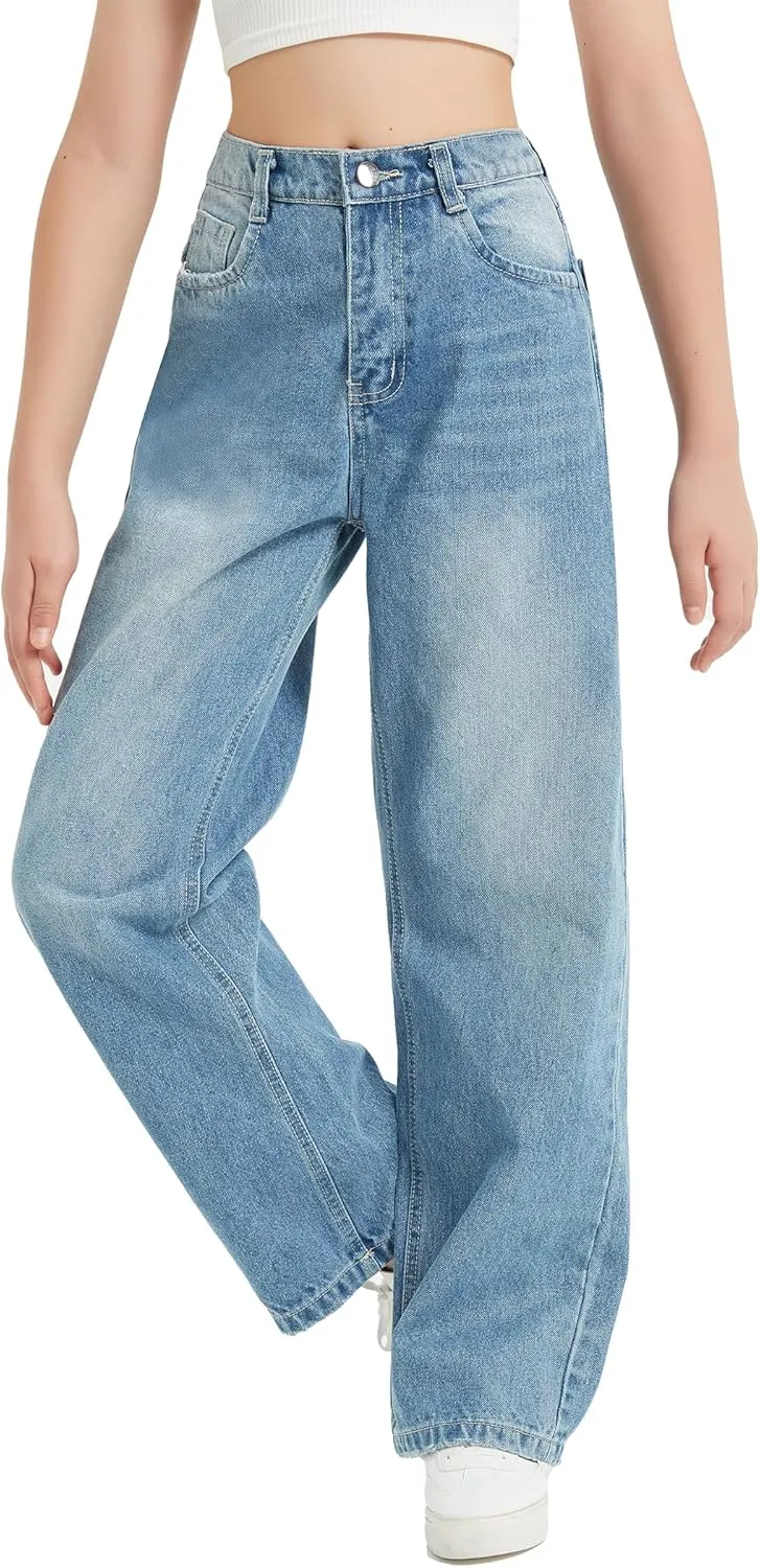 EXARUS Girls Jeans Wide Leg Cute Baggy Teen Denim Pants Mid Rise Elastic Band with Pockets Casual
