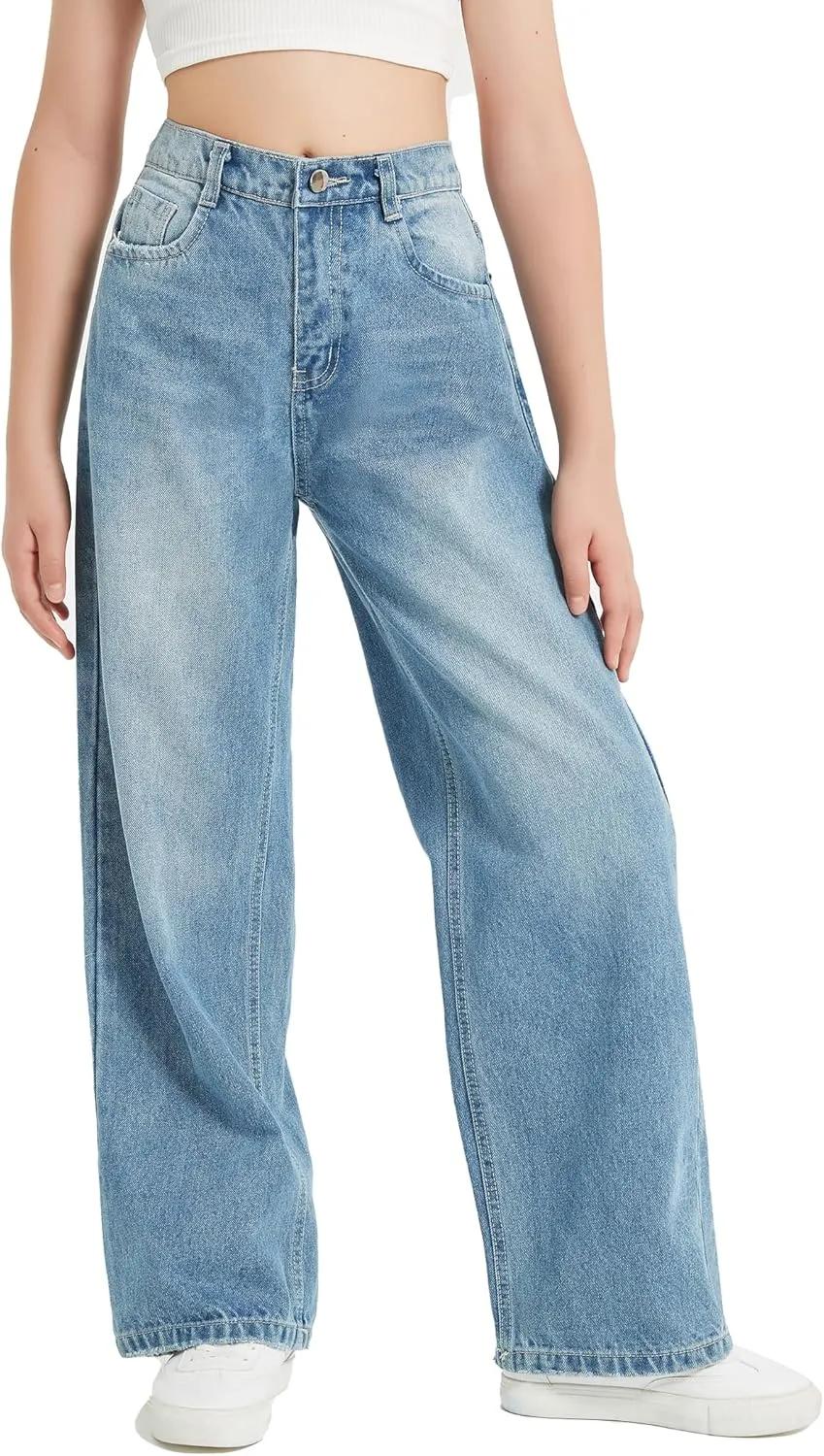 EXARUS Girls Jeans Wide Leg Cute Baggy Teen Denim Pants Mid Rise Elastic Band with Pockets Casual