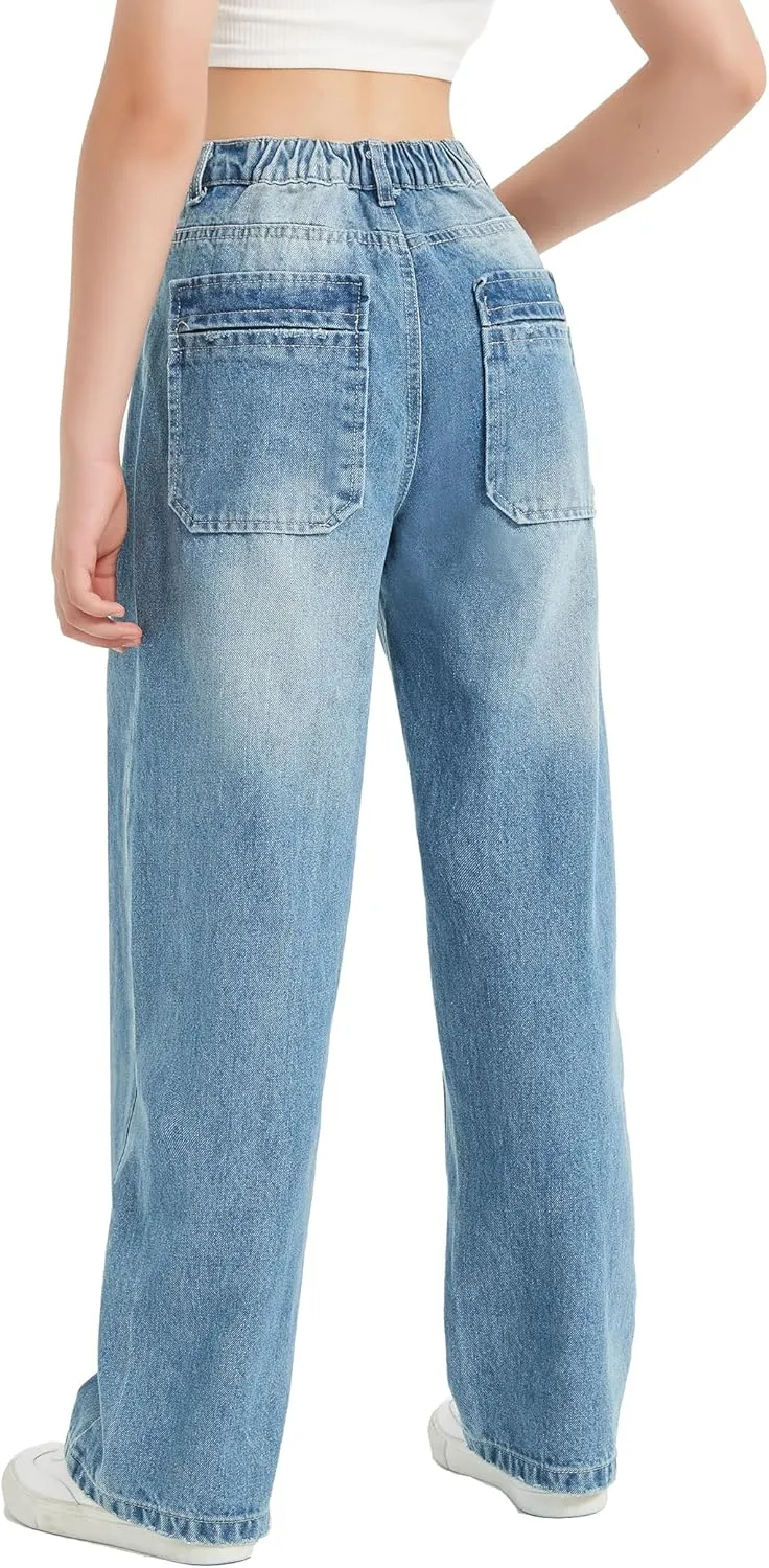 EXARUS Girls Jeans Wide Leg Cute Baggy Teen Denim Pants Mid Rise Elastic Band with Pockets Casual