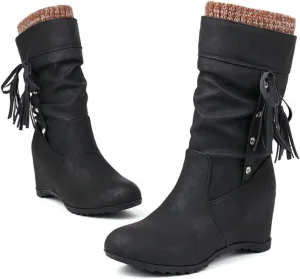 FAIRSOMA Women's Slip-On Tassels Suede Wedge Slouch Mid-Calf Boots,Fashion Non-slip Hidden Heel Comfortable Warm Round Toe Boots Retro Classic Dress Short Ankle Boot