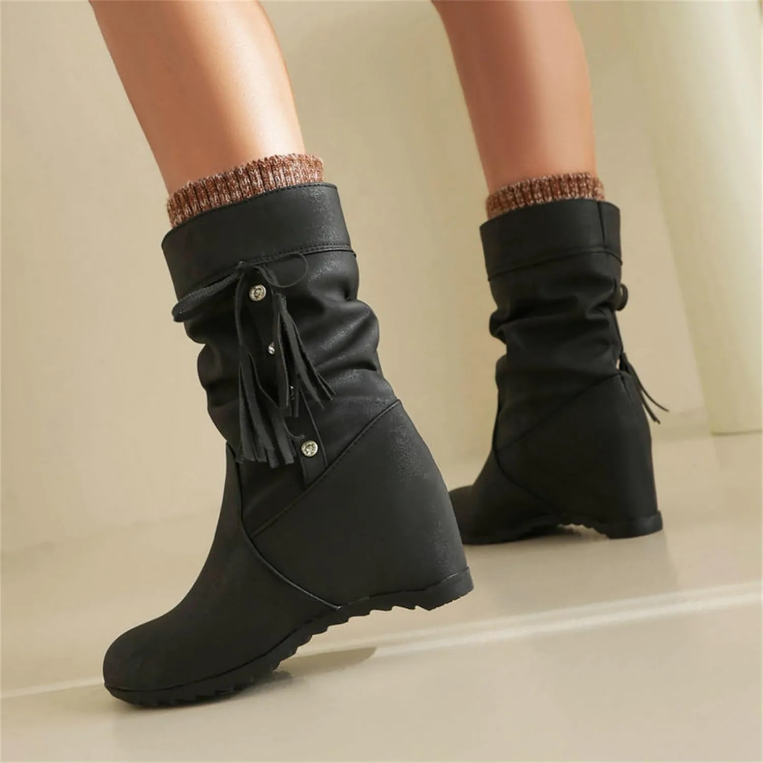 FAIRSOMA Women's Slip-On Tassels Suede Wedge Slouch Mid-Calf Boots,Fashion Non-slip Hidden Heel Comfortable Warm Round Toe Boots Retro Classic Dress Short Ankle Boot