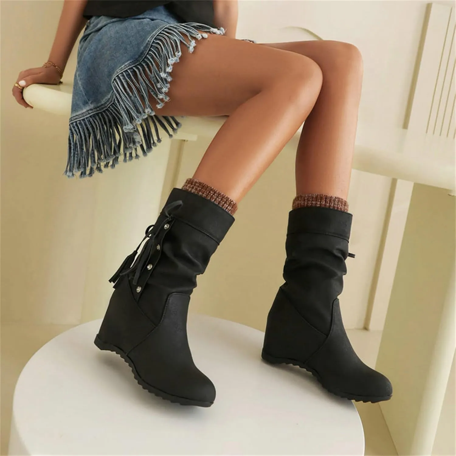 FAIRSOMA Women's Slip-On Tassels Suede Wedge Slouch Mid-Calf Boots,Fashion Non-slip Hidden Heel Comfortable Warm Round Toe Boots Retro Classic Dress Short Ankle Boot