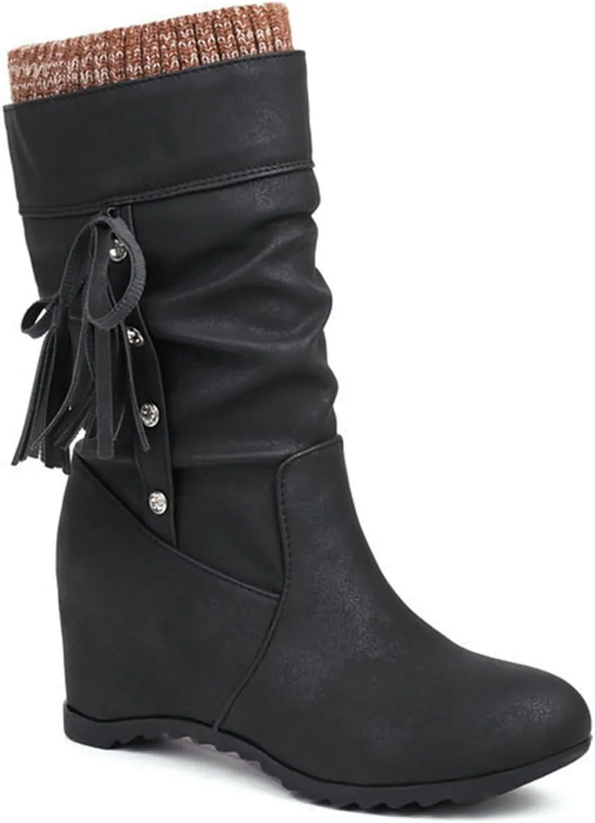 FAIRSOMA Women's Slip-On Tassels Suede Wedge Slouch Mid-Calf Boots,Fashion Non-slip Hidden Heel Comfortable Warm Round Toe Boots Retro Classic Dress Short Ankle Boot