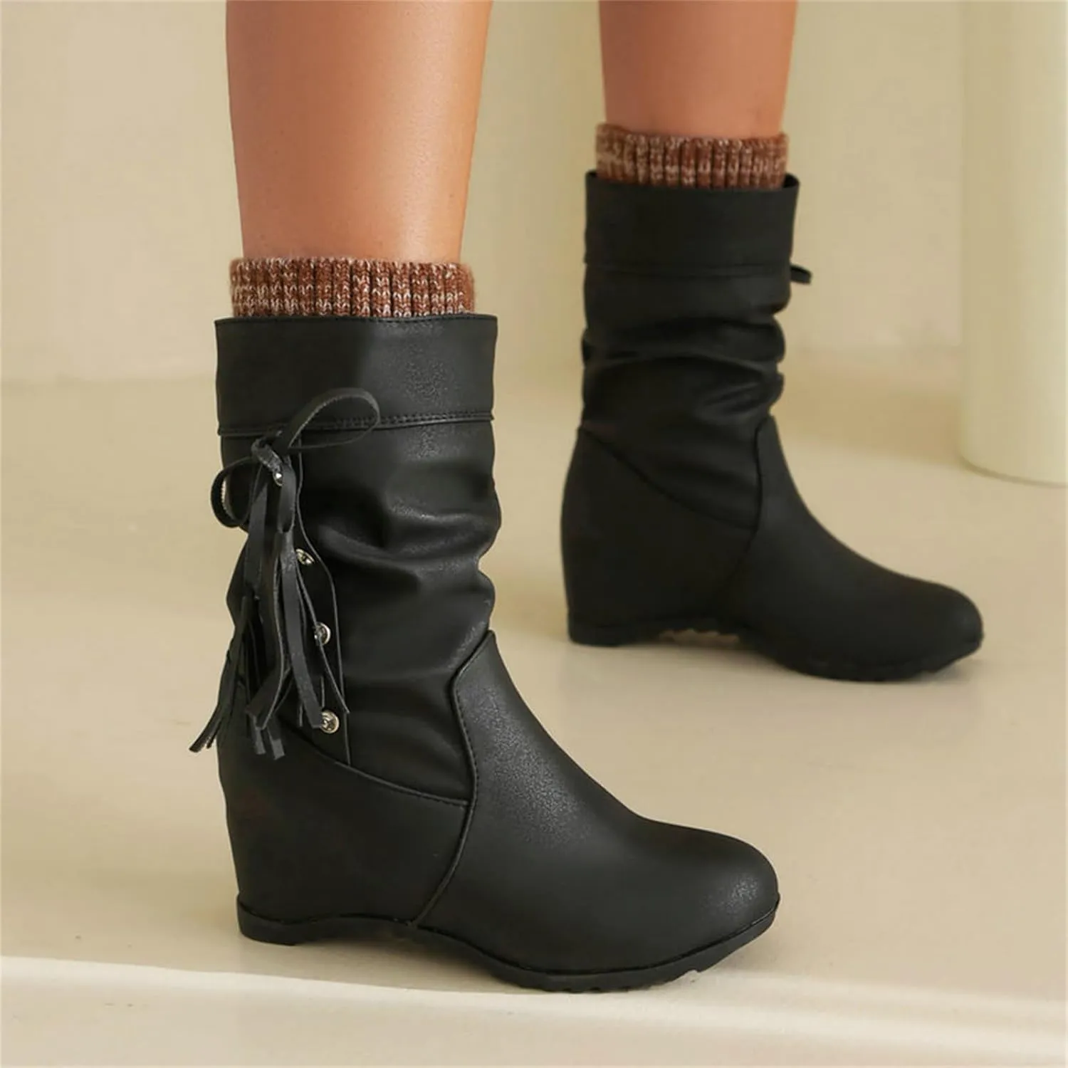 FAIRSOMA Women's Slip-On Tassels Suede Wedge Slouch Mid-Calf Boots,Fashion Non-slip Hidden Heel Comfortable Warm Round Toe Boots Retro Classic Dress Short Ankle Boot