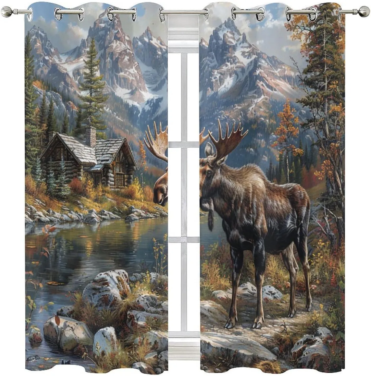 Farmhouse Animal Deer Curtains for Bedroom, Mountain Jungle Lake Moose Cabin Grommet Blackout Curtains Thermal Insulated Window Drapes for Living Room, 21W x 63L, 2 Panels