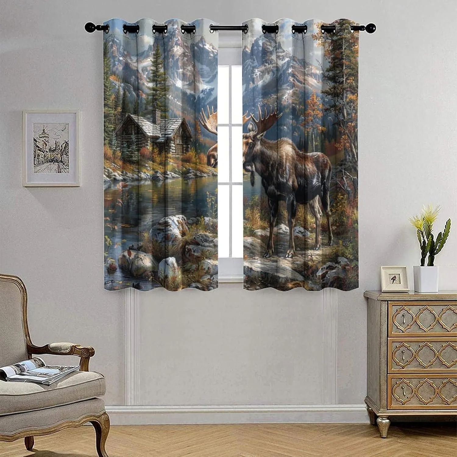 Farmhouse Animal Deer Curtains for Bedroom, Mountain Jungle Lake Moose Cabin Grommet Blackout Curtains Thermal Insulated Window Drapes for Living Room, 21W x 63L, 2 Panels