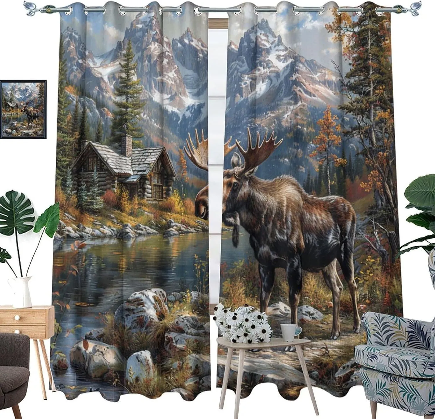 Farmhouse Animal Deer Curtains for Bedroom, Mountain Jungle Lake Moose Cabin Grommet Blackout Curtains Thermal Insulated Window Drapes for Living Room, 21W x 63L, 2 Panels