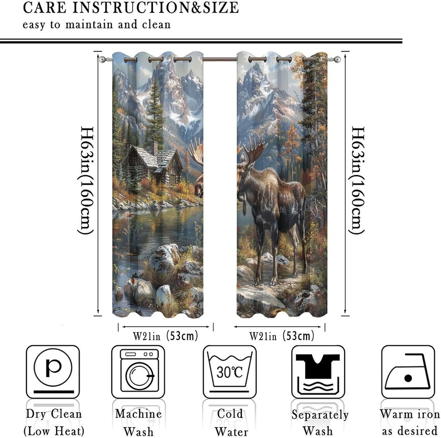Farmhouse Animal Deer Curtains for Bedroom, Mountain Jungle Lake Moose Cabin Grommet Blackout Curtains Thermal Insulated Window Drapes for Living Room, 21W x 63L, 2 Panels