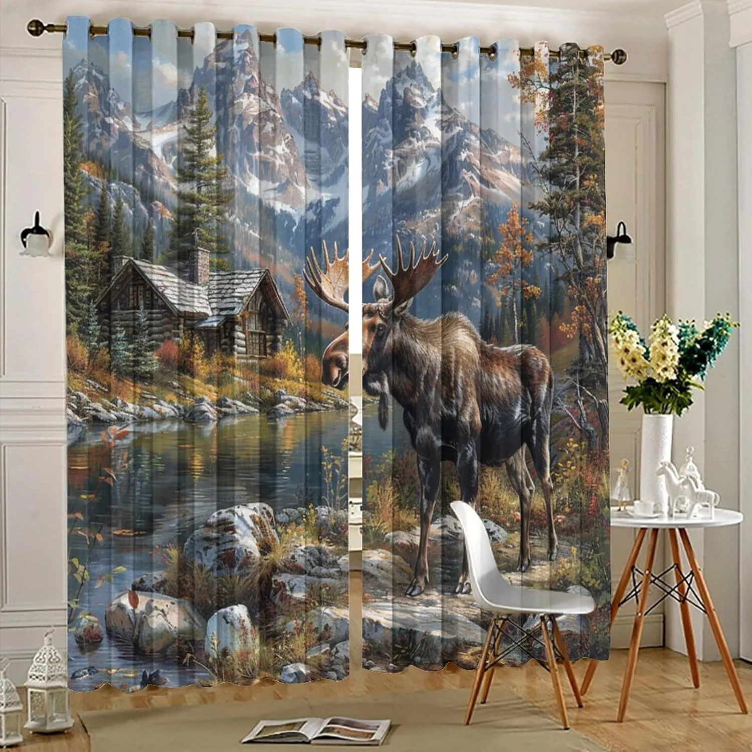 Farmhouse Animal Deer Curtains for Bedroom, Mountain Jungle Lake Moose Cabin Grommet Blackout Curtains Thermal Insulated Window Drapes for Living Room, 21W x 63L, 2 Panels