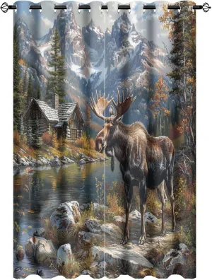 Farmhouse Animal Deer Curtains for Bedroom, Mountain Jungle Lake Moose Cabin Grommet Blackout Curtains Thermal Insulated Window Drapes for Living Room, 21W x 63L, 2 Panels