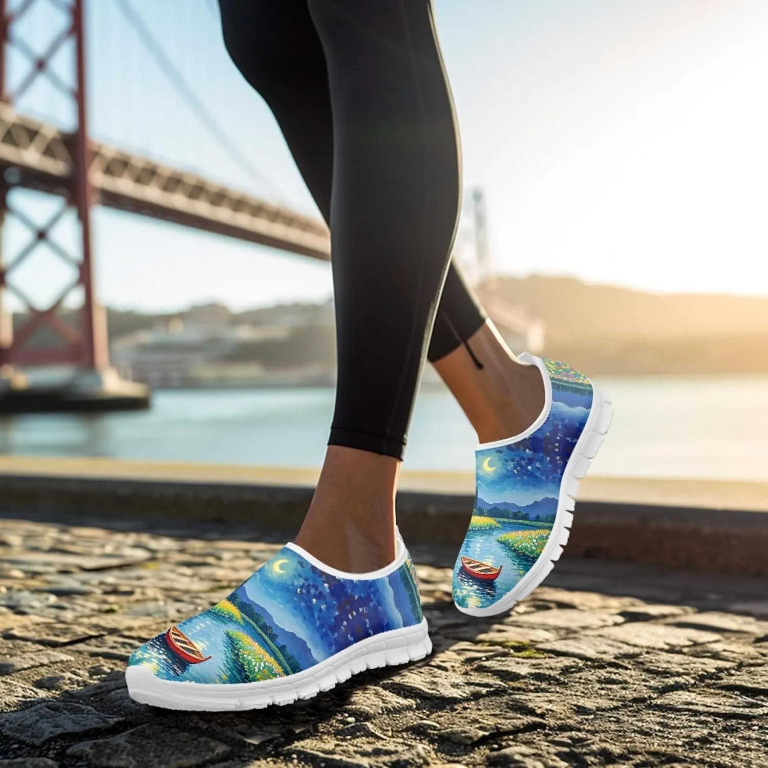 Fashion Print Womens Slip on Walking Shoes Breathable Flat Shoes Comfortable Casual Sneakers