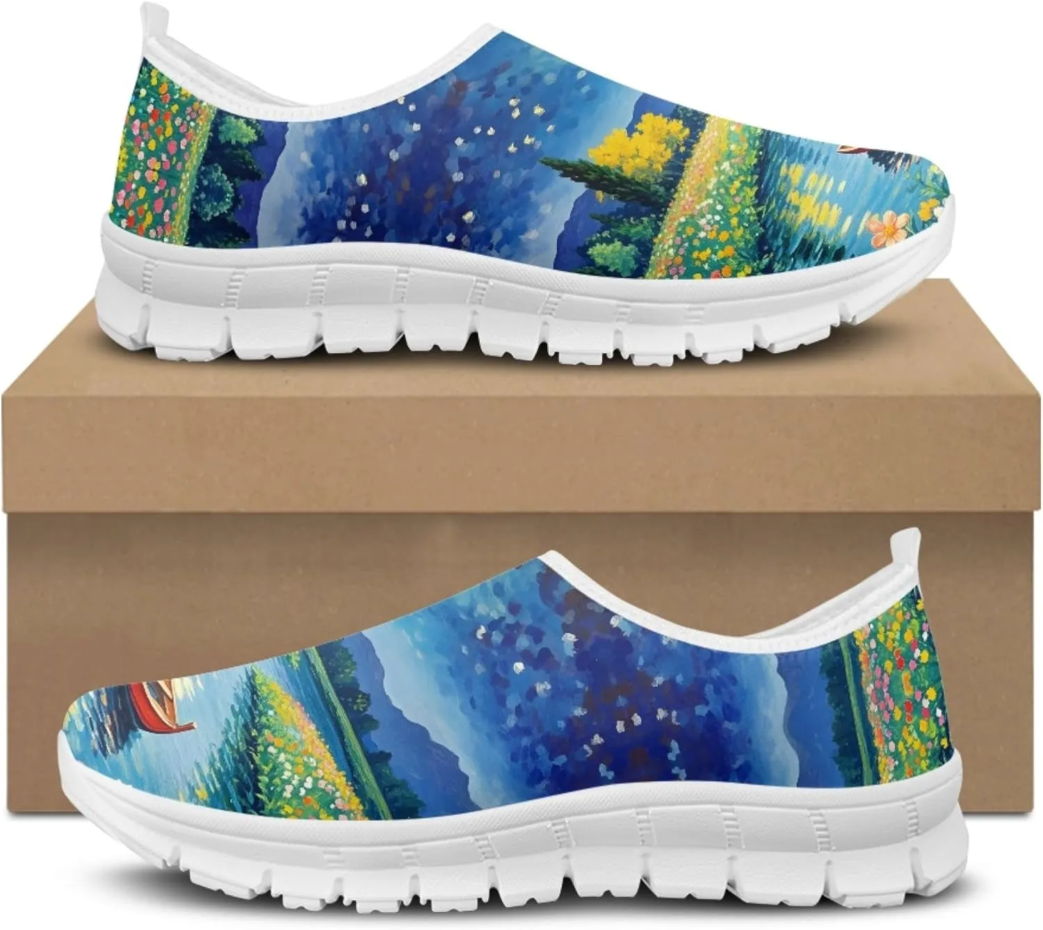 Fashion Print Womens Slip on Walking Shoes Breathable Flat Shoes Comfortable Casual Sneakers