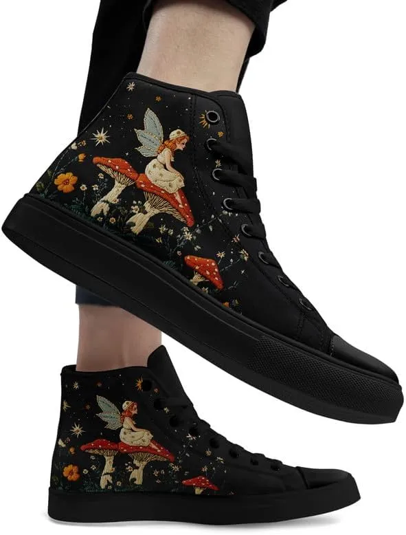 Fashion Women High-Top Canvas Shoes Men's Print Mushroom Floral Plant Lace-up Flat Stylish Gift Sneaker Couple Shoes