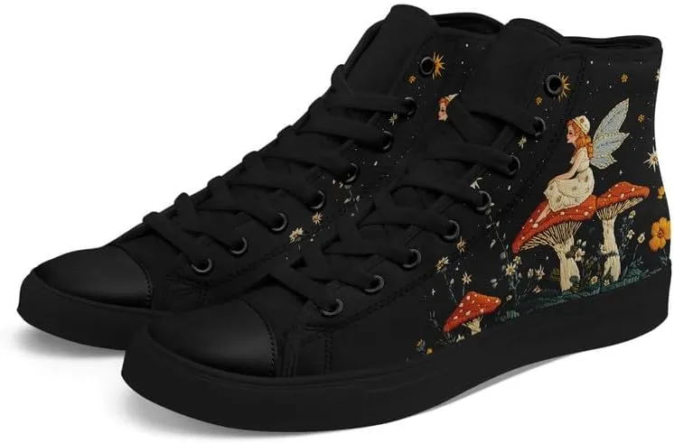 Fashion Women High-Top Canvas Shoes Men's Print Mushroom Floral Plant Lace-up Flat Stylish Gift Sneaker Couple Shoes