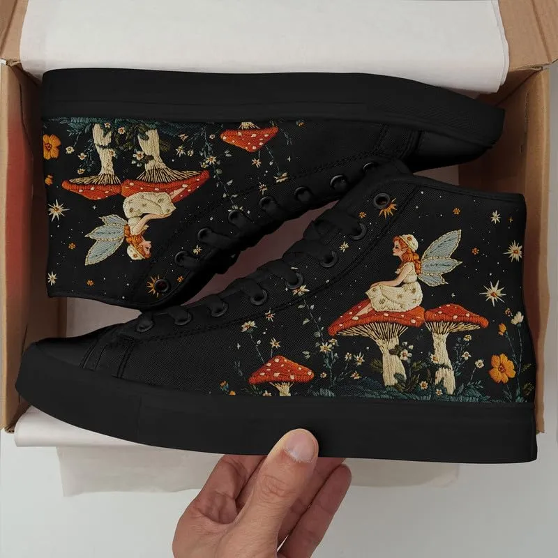 Fashion Women High-Top Canvas Shoes Men's Print Mushroom Floral Plant Lace-up Flat Stylish Gift Sneaker Couple Shoes