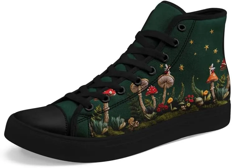 Fashion Women High-Top Canvas Shoes Men's Print Mushroom Floral Plant Lace-up Flat Stylish Gift Sneaker Couple Shoes