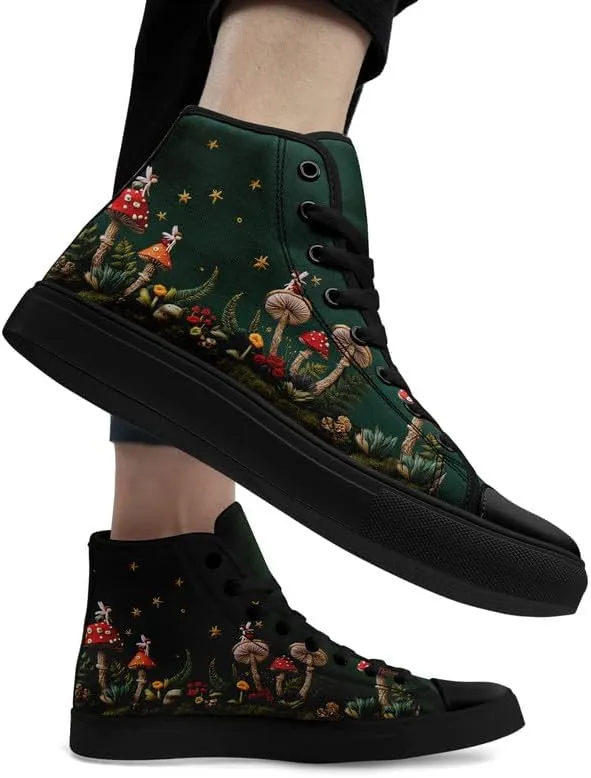 Fashion Women High-Top Canvas Shoes Men's Print Mushroom Floral Plant Lace-up Flat Stylish Gift Sneaker Couple Shoes