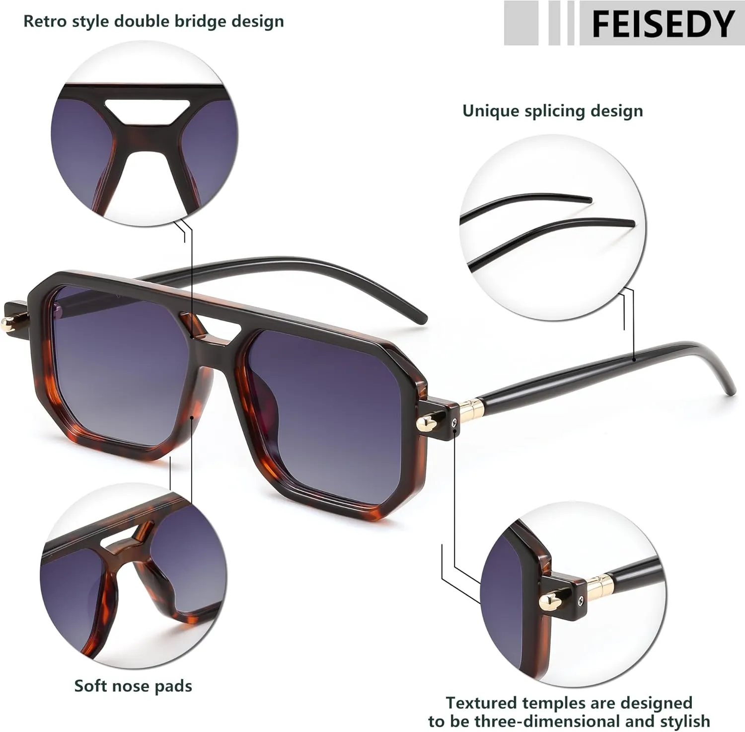 FEISEDY Vintage Square 70s Flat Aviator Sunglasses Women Men Classic Retro Stylish Frame UV400 Sunglasses B2622
